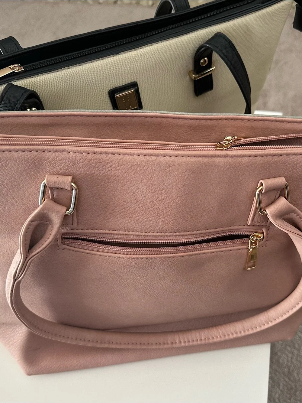 👜 Elegant & Spacious Handbag (Tote) Duo (Cream/Black + Pink) – Like New!